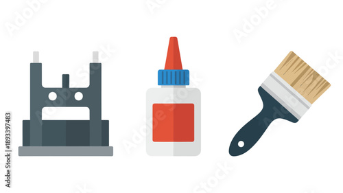 Glue Bottle, Paintbrush, and Craft Cutter on White Background