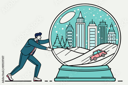 Businessman pushing a snow globe with a city skyline, car, and trees inside, representing creating or controlling a winter urban scene or future.