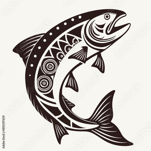 Leaping salmon fish with tribal ethnic patterns vector illustration, decorative jumping trout fish mascot logo design for fishing adventure.