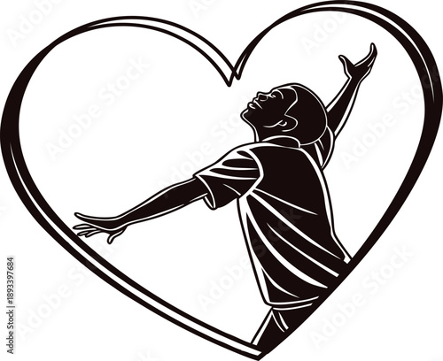 Silhouette of Man Standing on Heart Shape Vector Illustration