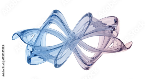 Abstract blue and purple glass sculpture with flowing curves and twisted shapes on white background viewed from the front