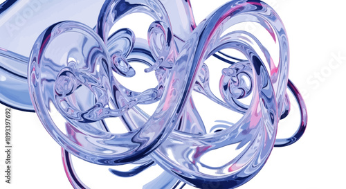 Abstract glass sculpture with intertwined loops and swirling patterns in a futuristic design viewed from a close-up perspective