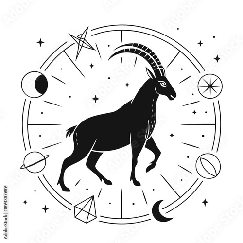 Celestial Capricorn zodiac goat silhouette with mystical moon and planet symbols; Elegant astrology vector illustration for mystical branding and tarot decor.