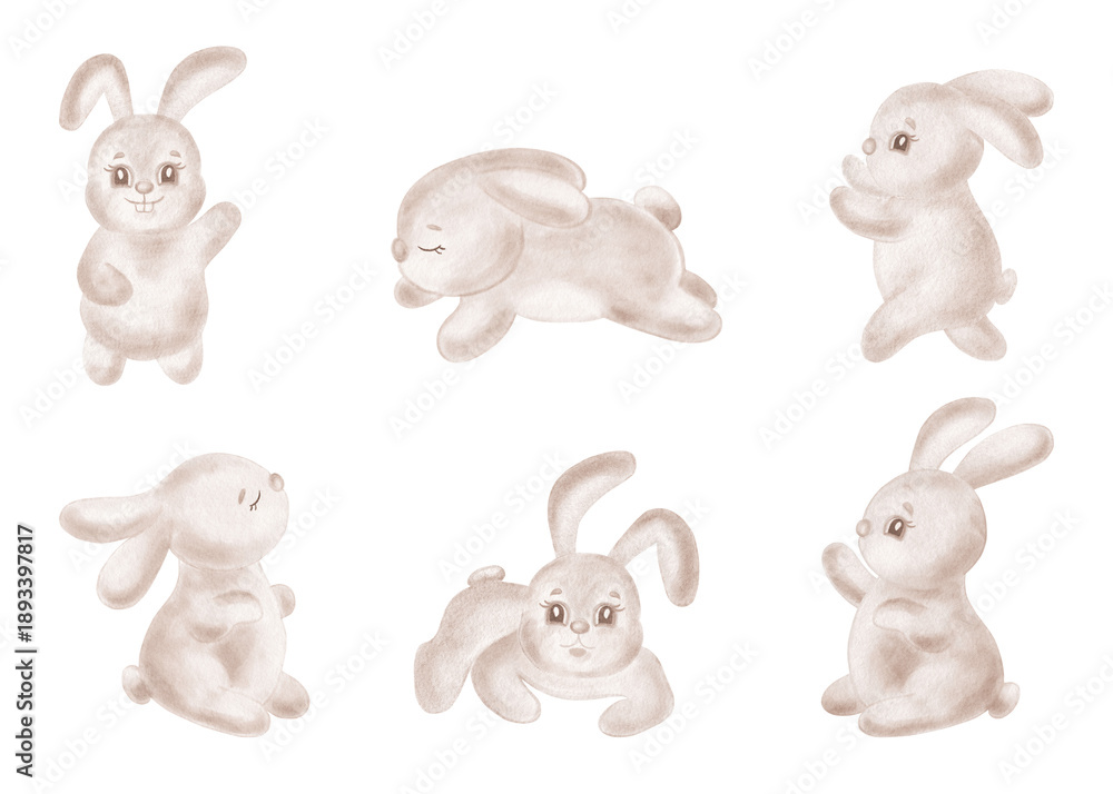 Obraz premium Set of cute bunnies in different poses watercolor illustrations for kids design. Funny rabbits drawing for baby shower. Hand-drawn isolated clipart of little animals easter hares for card, stickers. 