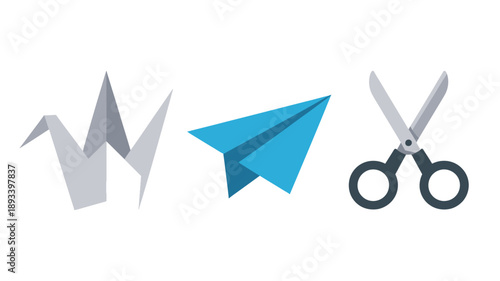 Origami Crane, Paper Airplane, Scissors on White Background