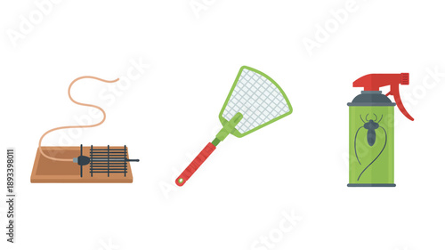 Fly Trap, Insect Net, and Insecticide Spray on White Background