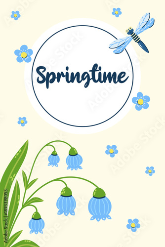 Delicate postcard with inscription springtime and frame of lily of the valley flowers. Seasonal hand drawn card, poster, web banner. Vector illustration.