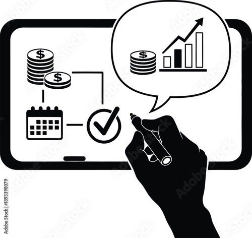 Black and white illustration of a hand drawing financial growth on a smartphone screen with coins calendar and checkmark