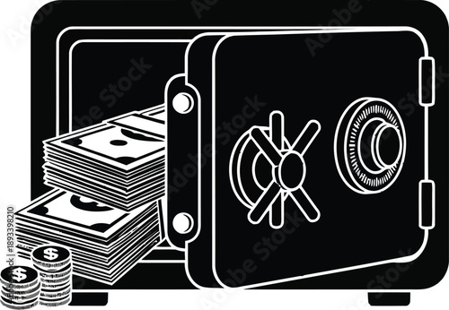 Black and white illustration of an open safe with money and coins