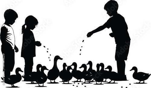 Silhouette of children feeding ducks on a sunny day outdoors