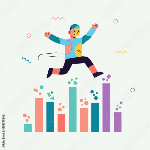 Man jumping over colorful bar graph.