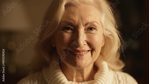 Wallpaper Mural Close up portrait of beautiful happy senior woman with white hair smiling gently at camera in warm indoor lighting Torontodigital.ca
