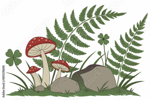 Charming vector illustration of amanita muscaria mushrooms, ferns, clovers, and rocks in a forest floor scene, flat design, nature elements for fantasy and woodland themes