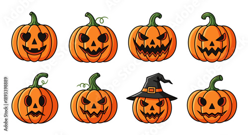 A collection of eight different carved pumpkins with various spooky and happy faces for Halloween.