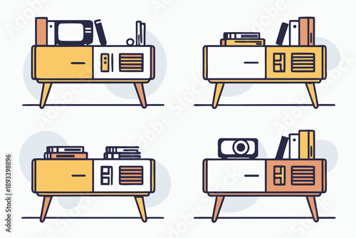 Retro mid-century modern credenza or sideboard with books, television, and projector icons in a flat design style vector illustration