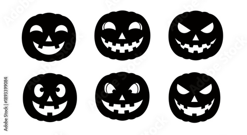 Six black Halloween pumpkin faces with different expressions, carved and spooky.
