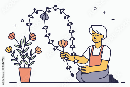 Vector illustration of a person arranging decorative flowers and a garland, representing gardening, floral design, and home decor in a simple, flat style.