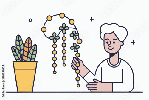 Minimalist vector illustration of a person tending to a potted plant with cascading leaves and circular decorations, representing home gardening and indoor nature.