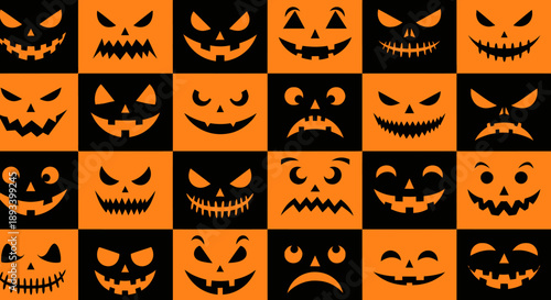 A grid of various carved jack-o'-lantern faces with different expressions for Halloween.