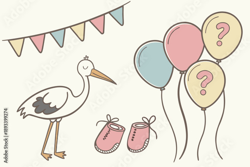 Celebrating baby gender reveal with stork, balloons, and baby shoes