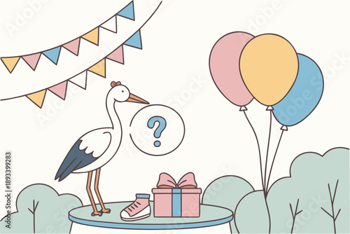 Celebratory stork baby gender reveal illustration