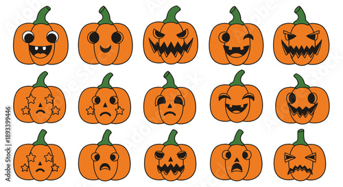 Collection of various carved pumpkins with different facial expressions for Halloween.