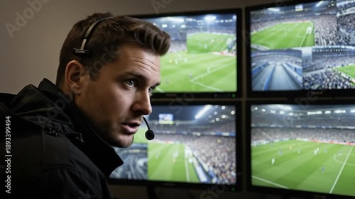 Professional male sports broadcaster in his 30s wearing a headset while monitoring multiple screens showing a live soccer match in a high-tech control room