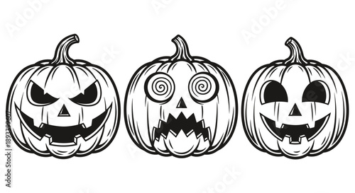 Three carved pumpkins with different expressions, perfect for Halloween decorations and spooky vibes.