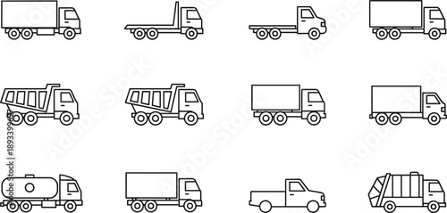 Truck vehicle line icon set including delivery transport cargo service construction and utility trucks vector collection