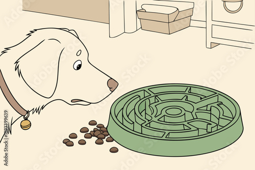 Dog with puzzled expression looking at a green slow feeder bowl with scattered kibble, an illustration depicting pet feeding challenges and smart pet products. vector.