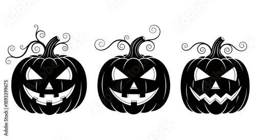 Three carved black pumpkins with glowing white eyes and toothy grins, perfect for Halloween.