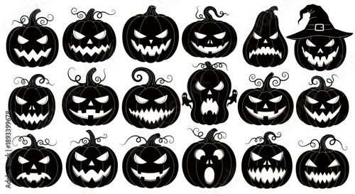 A collection of various carved pumpkin silhouettes, perfect for Halloween decorations and spooky designs.