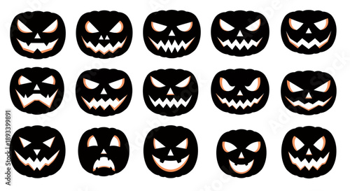 A collection of fifteen spooky jack-o'-lanterns with different carved faces, perfect for Halloween.