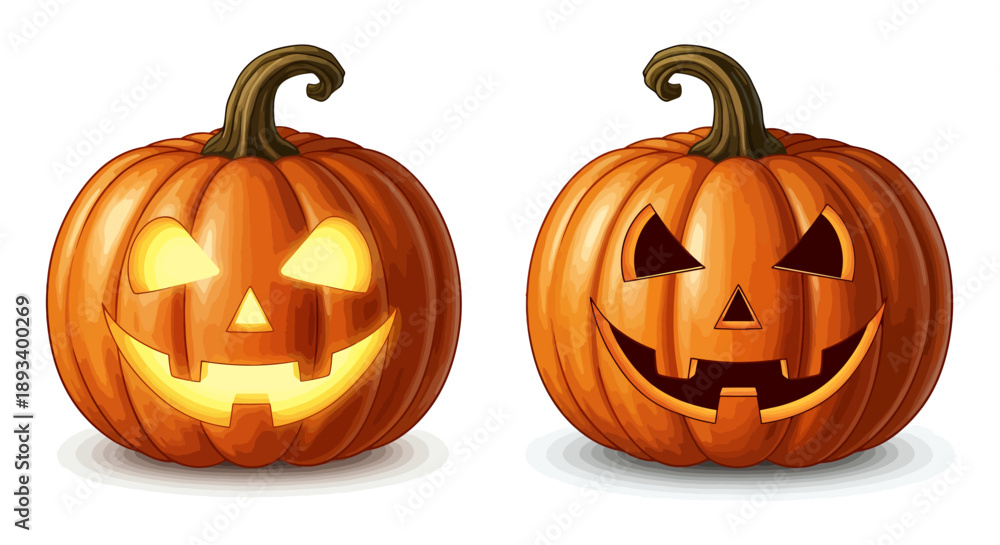 Fototapeta premium Two vibrant orange pumpkins, one illuminated with a glowing face, perfect for Halloween.