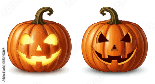 Two vibrant orange pumpkins, one illuminated with a glowing face, perfect for Halloween.