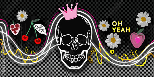 A surreal skull adorned with flowers fruit and a crown pop art style