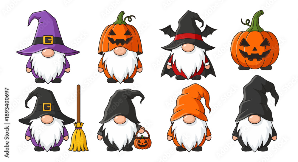 Obraz premium Collection of eight Halloween gnomes with various costumes and pumpkin-themed hats, perfect for holiday decorations.