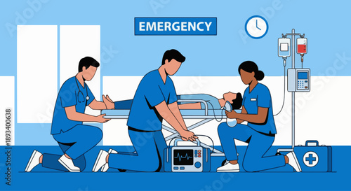 Doctor Emergency Care
A flat vector illustration of a doctor providing emergency care. Medical equipment and urgent posture visible. Flat vector style, action-focused but non-graphic.