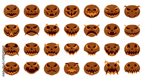 A collection of various carved pumpkin faces with different expressions for Halloween.