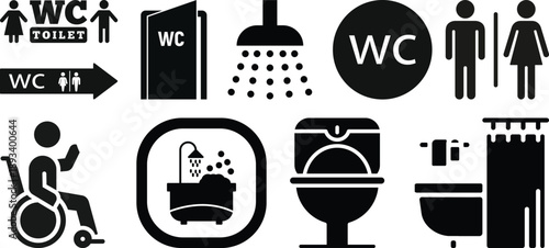 WC toilet restroom sign vector icon set. Man and woman symbol. Public bathroom pictogram. Male and female gender silhouette for lavatory door. Black flat illustration isolated.