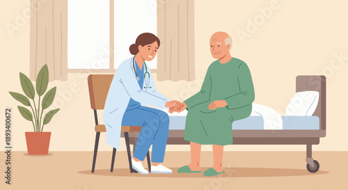 Nurse Communicating with Patient
A flat vector illustration of a nurse talking with a patient, offering reassurance. Gentle posture and friendly expression. Flat vector style, compassionate care theme