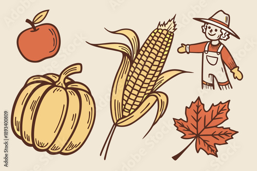 Autumn harvest icons set - apple, pumpkin, corn, scarecrow, and maple leaf