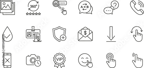 User interface line icon set for customer support services communication actions ratings downloads security and interaction elements