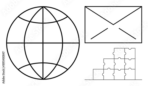 Global communication visual. Globe, envelope, and puzzle pieces connectivity in communication. Global networks, effective teamwork, and seamless collaboration. For tech, education and media