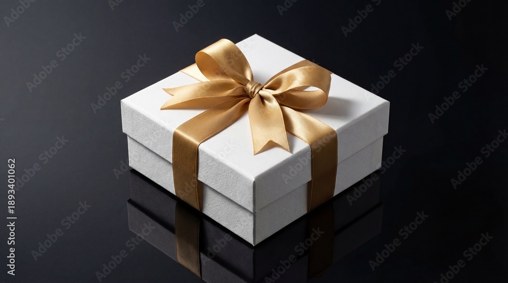 Obraz premium White Premium Gift Box with Gold Ribbon on Reflective Black Surface 