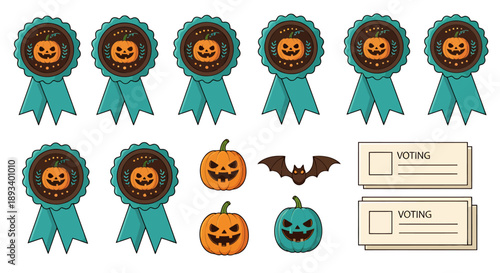 Halloween-themed decorations including badges, pumpkins, a bat, and voting cards for the holiday.
