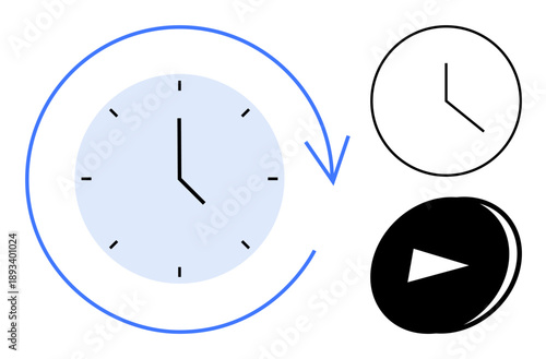 Time management, scheduling, replay features, time tracking, productivity, goal setting. Clock with arrow, playback button and minimal design. Time management and scheduling iconography