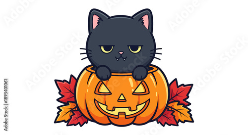 A cute black cat with an annoyed expression sits inside a carved pumpkin during autumn.