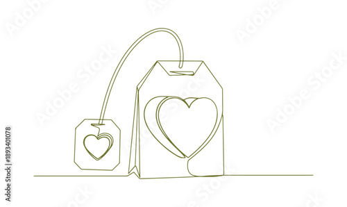 A continuous line drawing of a tea bag featuring a pink, 3D heart. It's all about healthy eating, love, and Valentine's Day. The stroke is editable for easy adjustments, plus there's space for text.