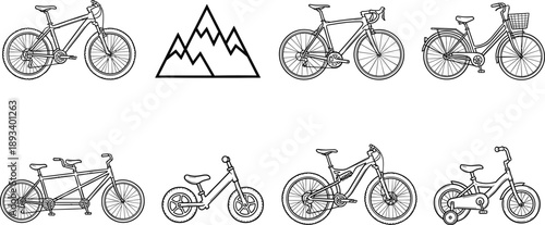 Set of bicycle line icons featuring mountain bike road cycle tandem city bike and kids bicycle with mountain symbol for outdoor adventure